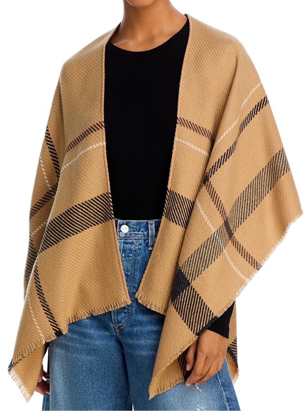 Aqua Women’s Lightweight Plaid Fringed Ruana, Camel, 39.4"W x 55.1"L, MSRP $78
